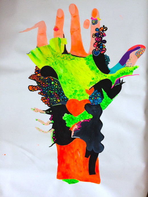 Main transgénique, une peinture pigmentaire de la plasticienne ABK laissant voir une main déformée avec de multiples protubérances