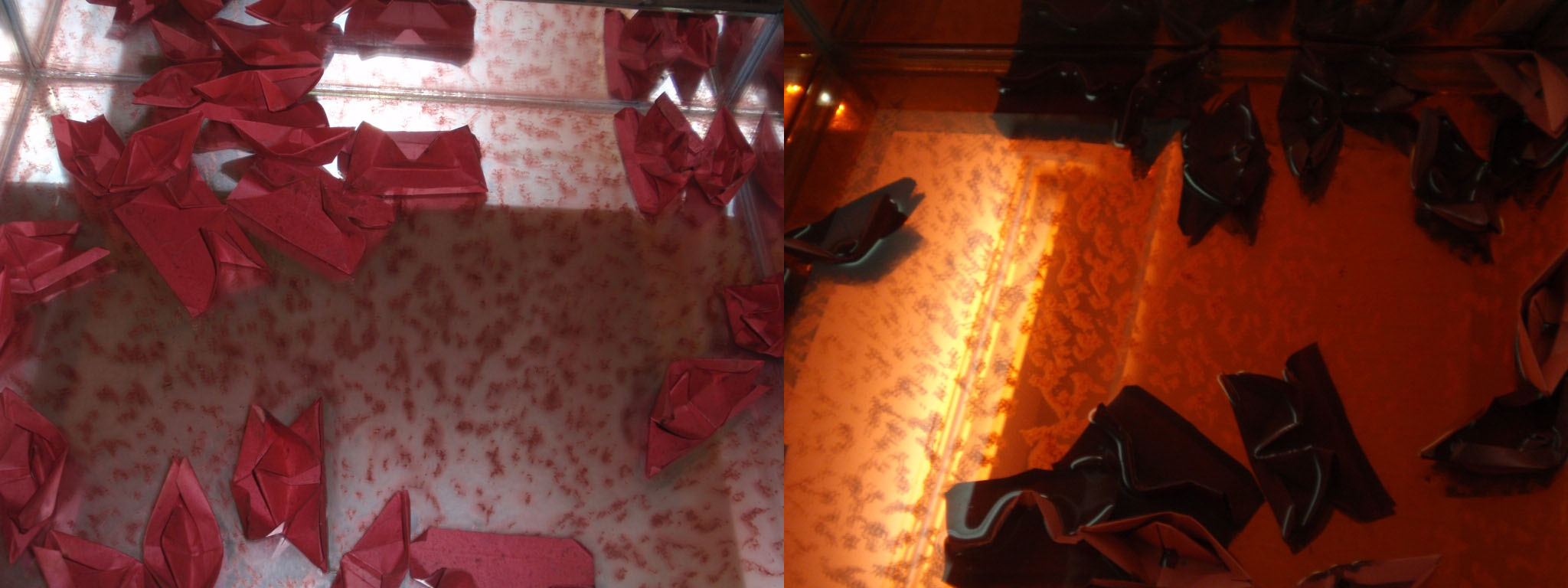 Deux détails de l’œuvre, gros plan sur les bateaux en papier rouge sang se reflétant dans le creux du miroir sur la table sous différents éclairages.